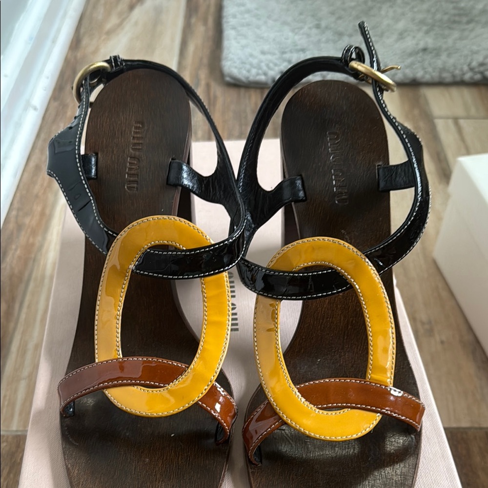 Miu Miu Black and Yellow Sandals with Geometric Accents